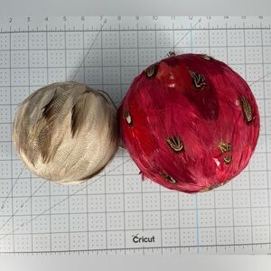 Set of 2 Large Red & Tan / Cream Pheasant Feathered Decorative Ornaments